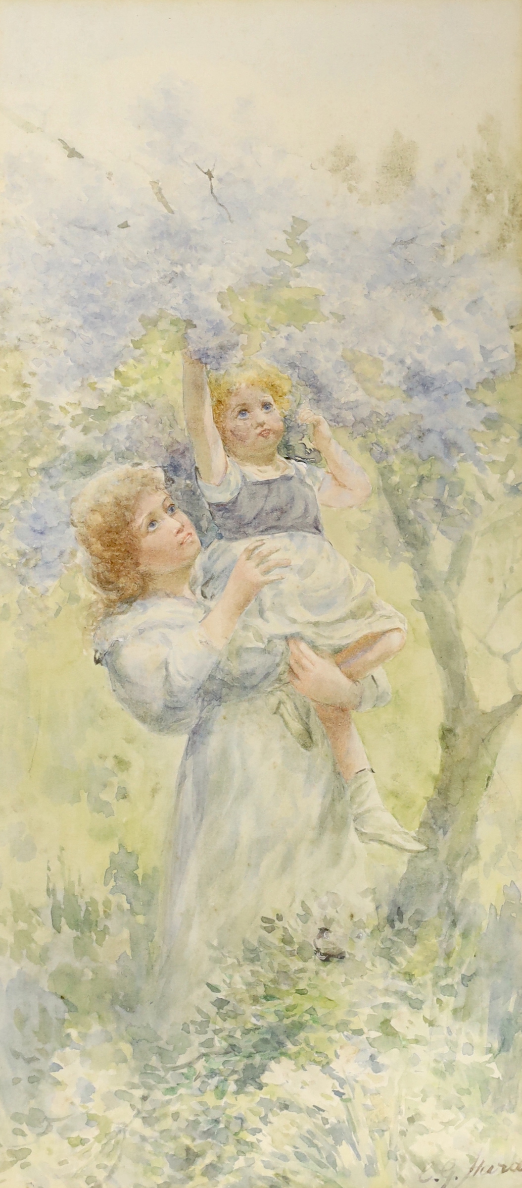 Prof. Charles G. Hards (fl.1883-1891), watercolour, Mother and child before a landscape, signed, 34 x 16cm